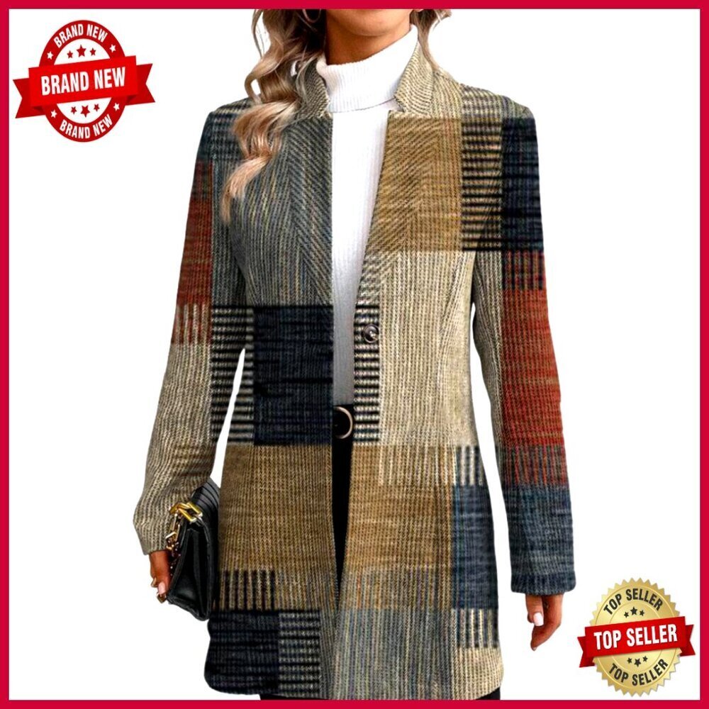 Long Sleeve Plaid Blazer Jacket Loose Fit Office Casual Outerwear